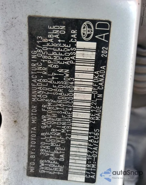 2014 Toyota Corolla L z USA, uszkodzony, nr VIN 2T1BURHE4EC006043